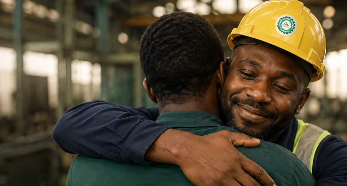 Two Nigerian factory workers, one wearing a hard hat, embracing in a workshop
