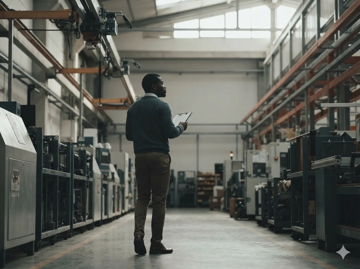 An inspector walking a factory aisle with a clipboard