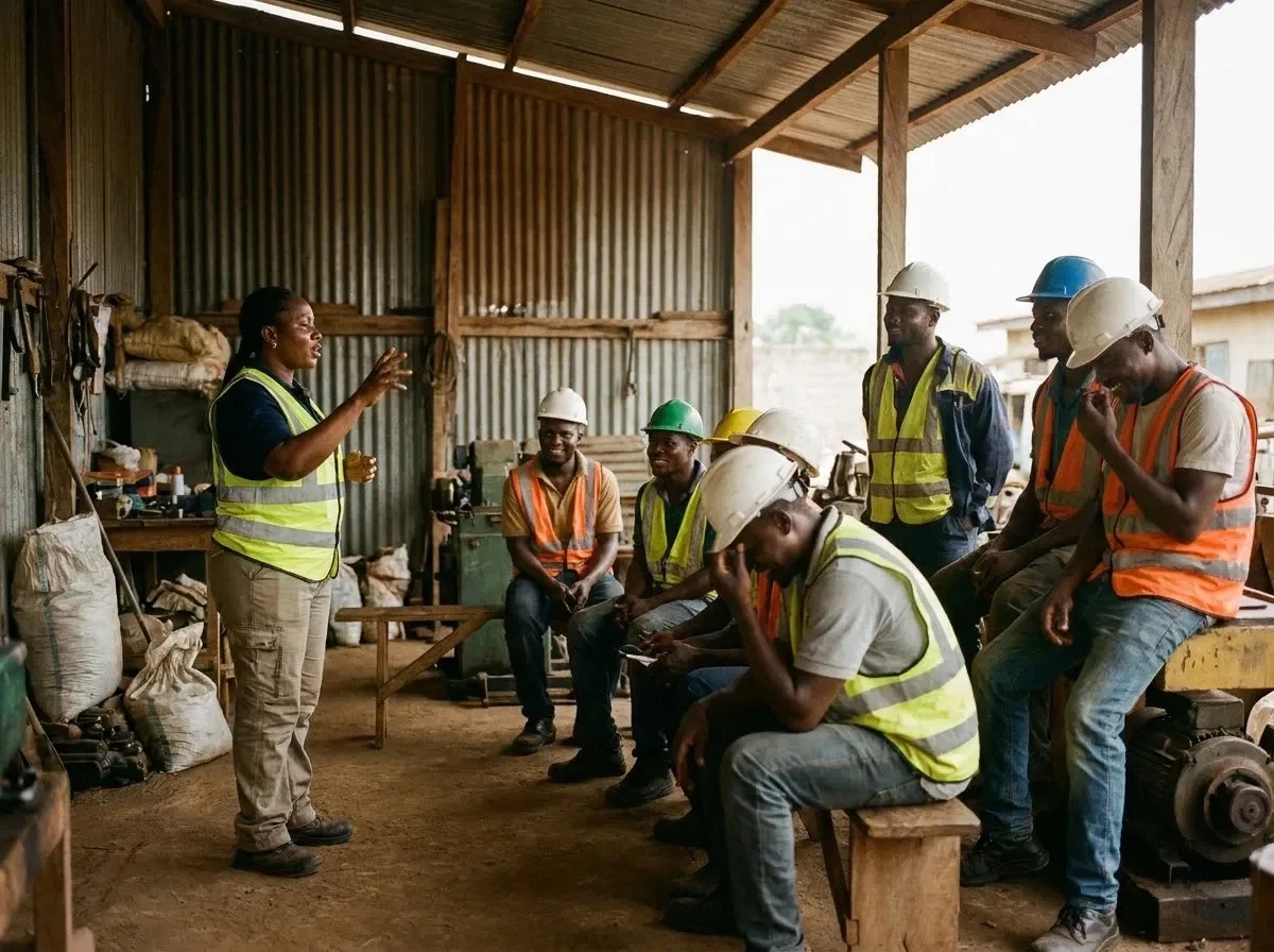 An HSE officer briefing a seated group of workers indoors
