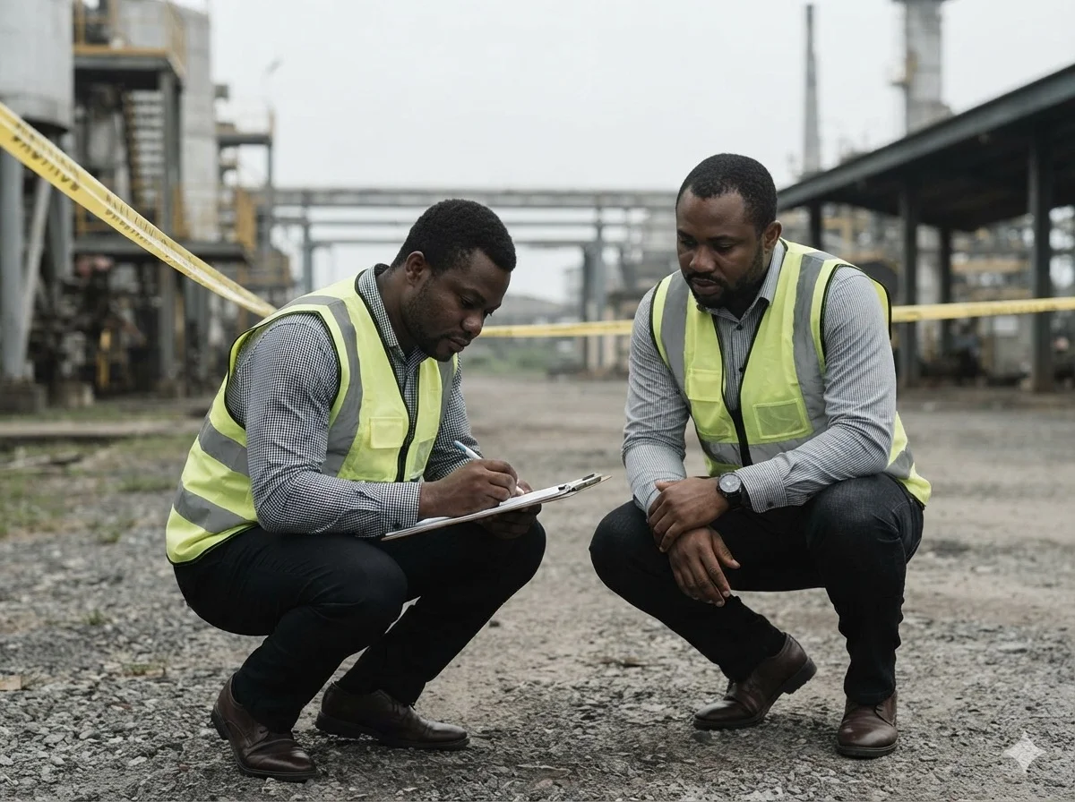 Two investigators crouched near cordon tape at an incident site